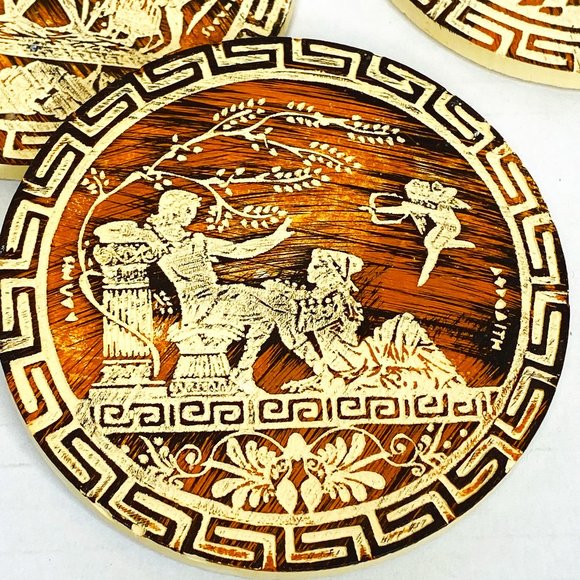 Set of 4 Vintage Carved Wood Greek Themed Coasters Cork Back - Picture 2 of 6